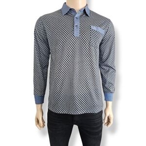 Thomas Hardy Vintage Black & Blue Retro Geometric Print Long Sleeve Polo Shirt